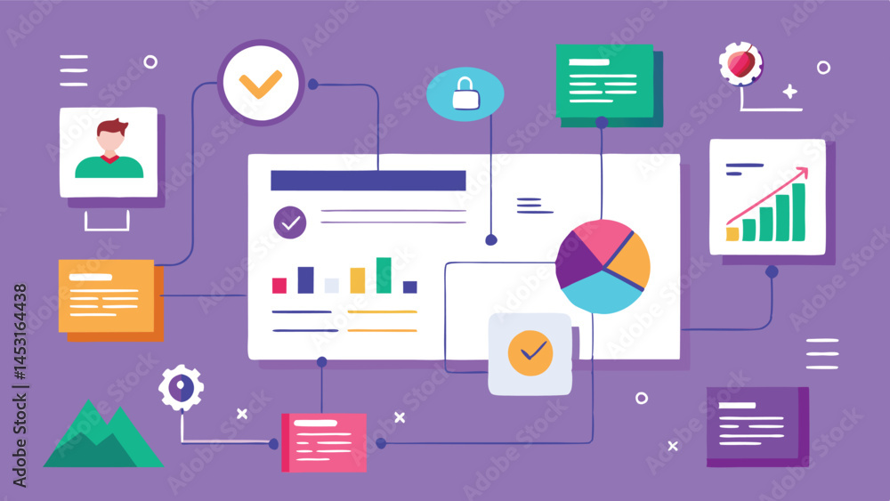 Poster vector illustration of a digital data analysis concept showcasing charts, graphs, and information fl