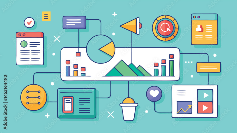 Poster vector illustration of a digital data analysis concept showcasing charts, graphs, and information fl