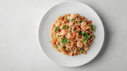 Delicious homemade shrimp and vegetable stir-fry served on a white plate with fresh green garnish, healthy seafood meal with colorful ingredients and flavorful presentation