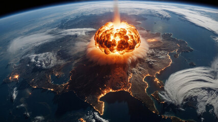Dramatic view of an enormous nuclear explosion erupting above the planet Earth.