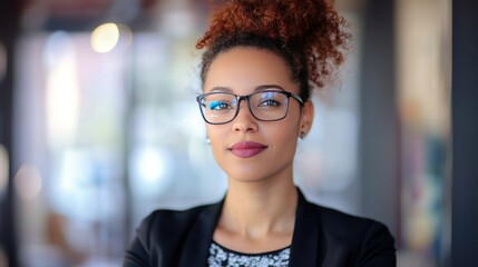 Professional young woman with curly hair tied up in a bun wea stylish glasses and a black blazer standing confidently outdoors in an urban environment on a bright day