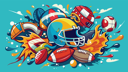 Colorful vector illustration of various sports helmets, footballs, and splashes of vibrant color representing athletic activities