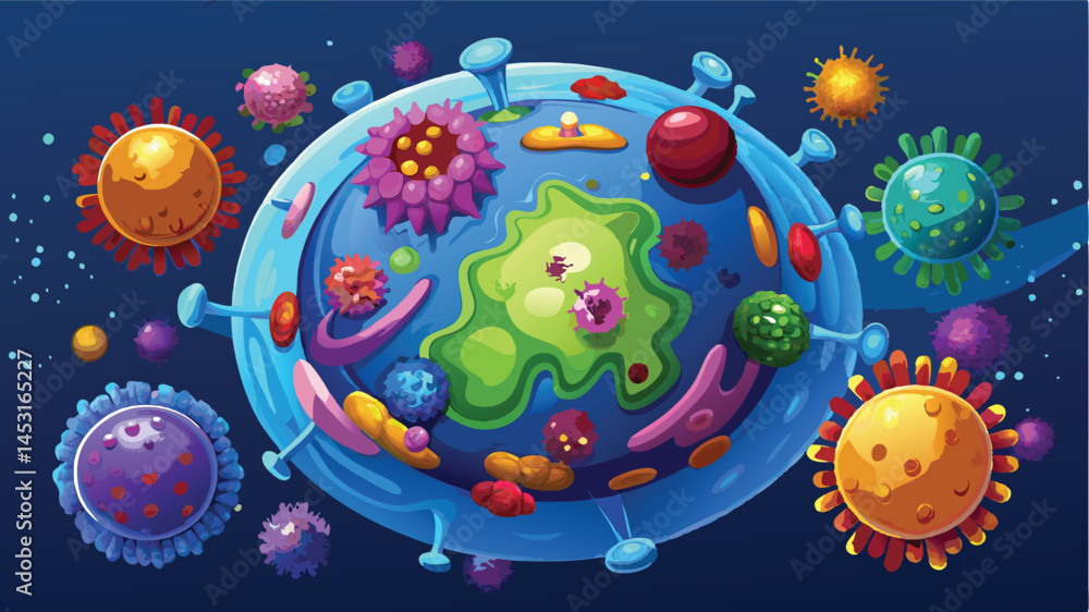 Aufkleber colorful vector illustration of viruses and bacteria floating in a microscopic world showcasing dive