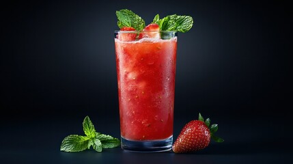 Cold Refreshing Strawberry and Mint Infused Beverage in Tall Glass with Ice and Garnish on Dark Background Perfect for Summer Drink Smoothie or Cocktail