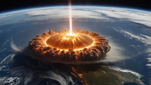 Dramatic view of a cosmic impact on Earth, showcasing a fiery explosion from a distance.