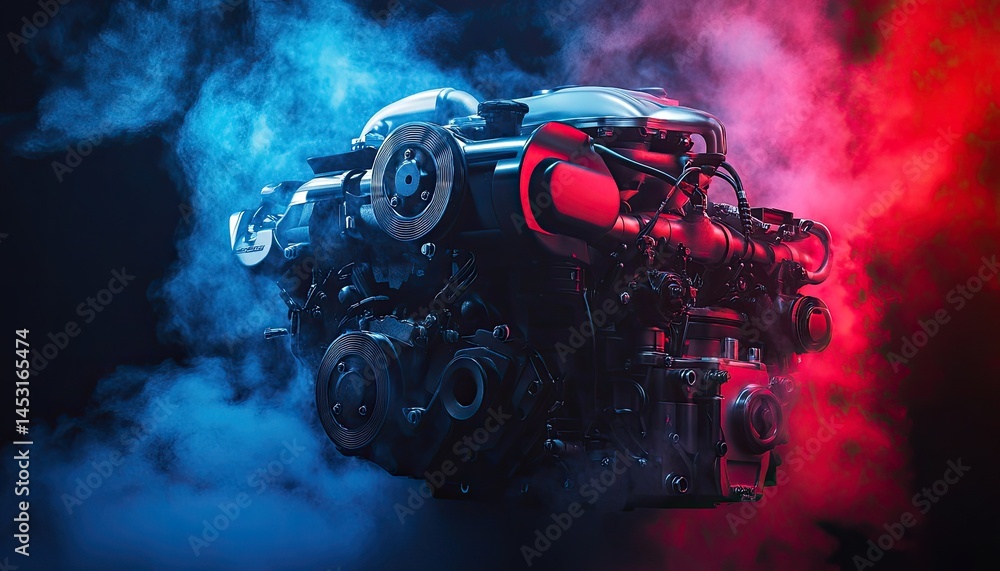 Poster detailed image of a powerful engine illuminated with red and blue lights surrounded by smoke against