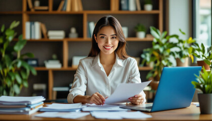 Fototapeta premium A smiling Asian woman sits at a wooden desk in a modern office, reviewing documents while working on a laptop.