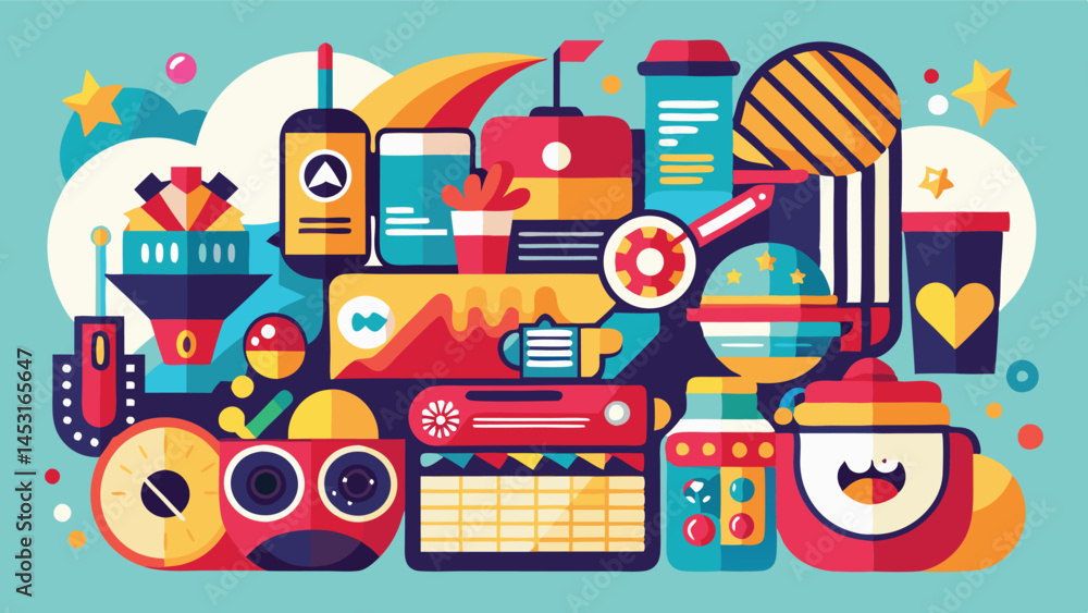 Poster Colorful vector illustration featuring fun and playful elements including food, beverages, and various assorted objects in a vibrant design setting