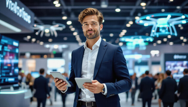 A confident businessman in a navy suit and white shirt holds a tablet, smiling slightly while standing in a bustling technology trade show with drones and displays visible in the background.