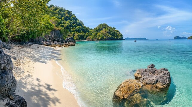 Beautiful tropical beach with clear turquoise waters, white sandy shoreline, lush green trees, rocky formations, and a peaceful ocean background under blue sky - Powered by Adobe