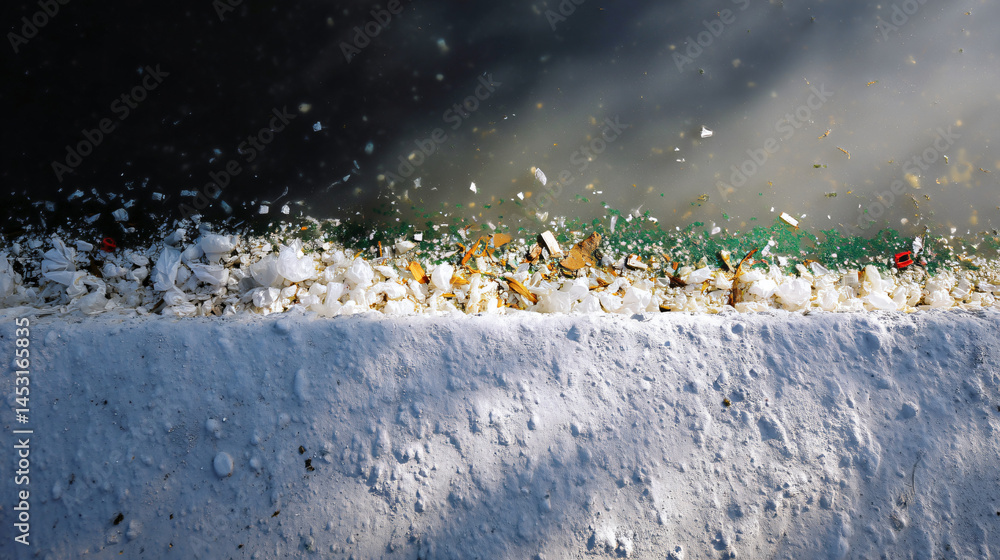 Poster a stark contrast between a pristine surface and contamination highlighting the issue of wastefulness