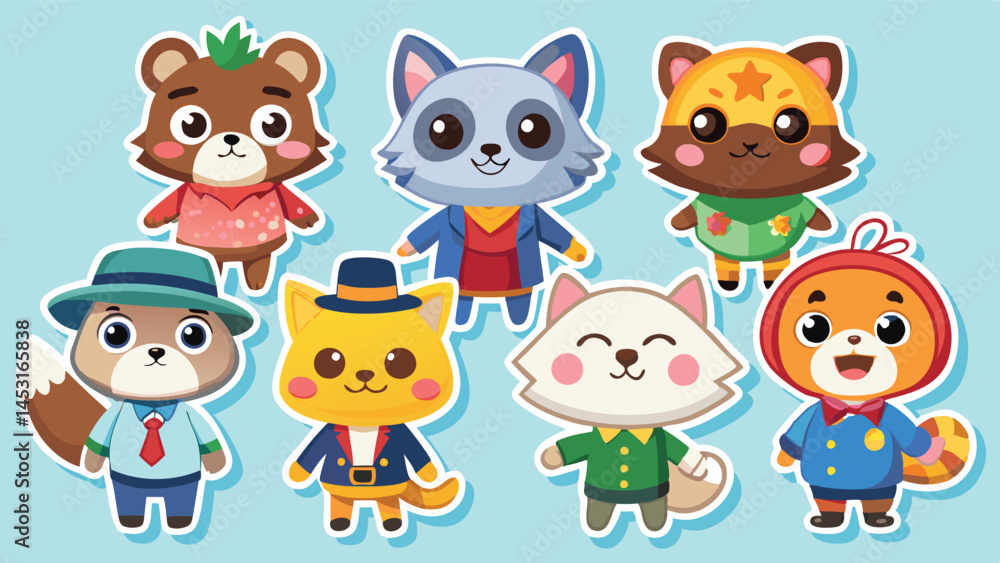 Poster Colorful vector illustration featuring playful cartoon animals with various outfits and expressions in a cheerful setting