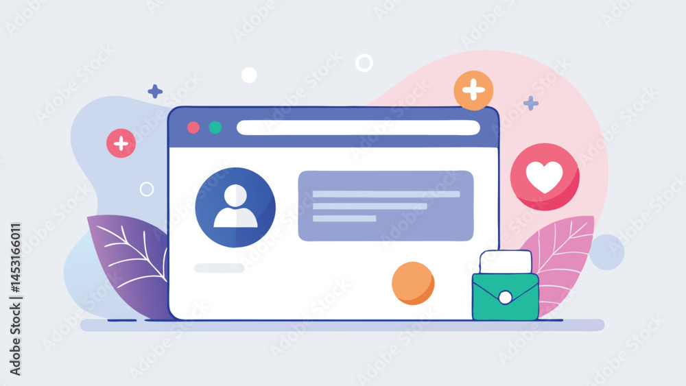Poster Vector illustration of a user profile interface with colorful design elements and leaves representing a digital environment