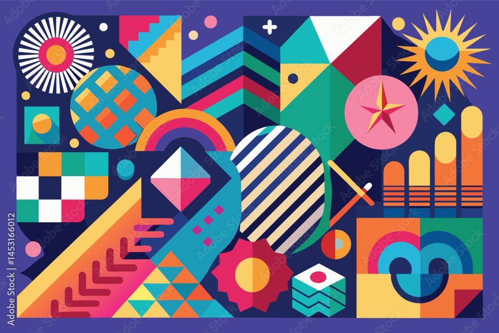 Poster colorful geometric vector illustration featuring various shapes, patterns, and vibrant colors ideal 