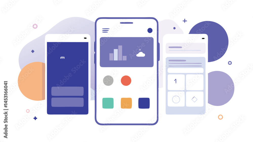 Poster Vector illustration of modern mobile application interface showcasing data visualization and interaction design with vibrant shapes and colors in a minimalistic layout