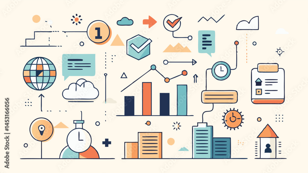 Aufkleber colorful vector illustration depicting various data analysis elements including graphs, charts, and 
