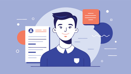 Vector illustration depicting a young professional with a resume and speech bubbles in a creative design setting