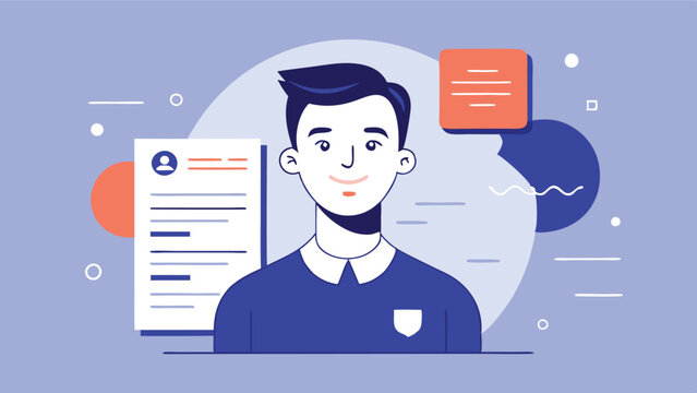 Vector illustration depicting a young professional with a resume and speech bubbles in a creative design setting