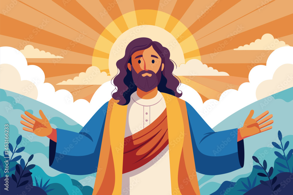 Poster vector illustration of a serene figure with open arms against a vibrant backdrop of sun and mountain