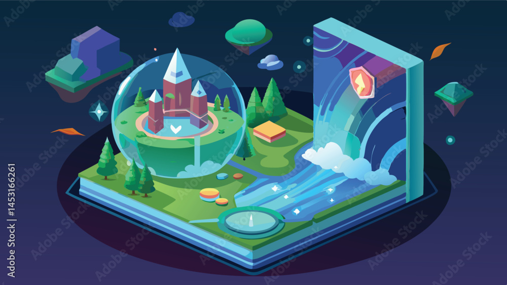 Poster vibrant vector illustration depicting a fantasy landscape with a castle, waterfall, trees, and float