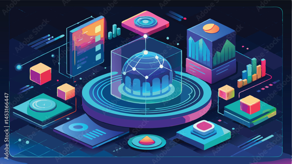 Poster Vector illustration of a digital data visualization environment featuring graphs, charts, and geometric shapes in vibrant colors and futuristic design