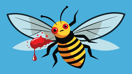 Cartoon style vector illustration of a bee with a dripping red substance against a blue background capturing attention and evoking curiosity