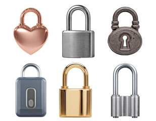 Set of six assorted padlocks including heart-shaped, antique, modern, and fingerprint locks on transparent background, ideal for security, privacy, love, or access control design themes