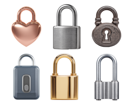 Set of six assorted padlocks including heart-shaped, antique, modern, and fingerprint locks on transparent background, ideal for security, privacy, love, or access control design themes