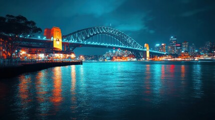 Obraz premium Vibrant nighttime cityscape featu illuminated bridge and skyline reflecting on water, colorful lights illuminating urban waterfront at dusk