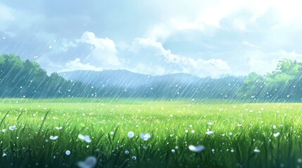 Vibrant green meadow with lush grass and wildflowers du a gentle summer rain under a bright cloudy sky with distant trees and a calm atmospheric scene