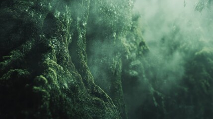 Lush green forest with moss-covered trees and dense fog creating a mysterious, tranquil natural landscape suitable for outdoor exploration and adventure scenes