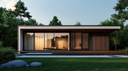 Modern minimalist single-story house with large glass and wooden exterior design surrounded by greenery and trees under a clear sky