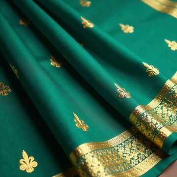 Deep teal saree with zari golden border & intricate motifs , design, wedding, occasion