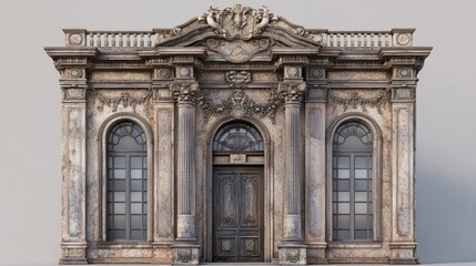 Obraz premium Ornate historic stone building facade featu detailed classical architectural elements including three arched and a grand central door with elaborate carvings