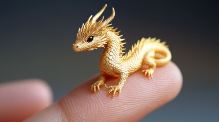 Fototapeta premium small golden dragon figurine with intricate scales and horns perched on finger, detailed miniature fantasy mythical creature for collectible decor and fantasy art