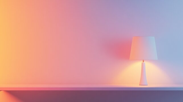 Minimalist modern interior room with a soft pastel gradient wall and a simple white table lamp creating warm ambient lighting and a calming atmosphere - Powered by Adobe