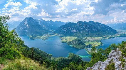 Fototapeta premium Panoramic view of a serene mountain lake nestled between peaks.