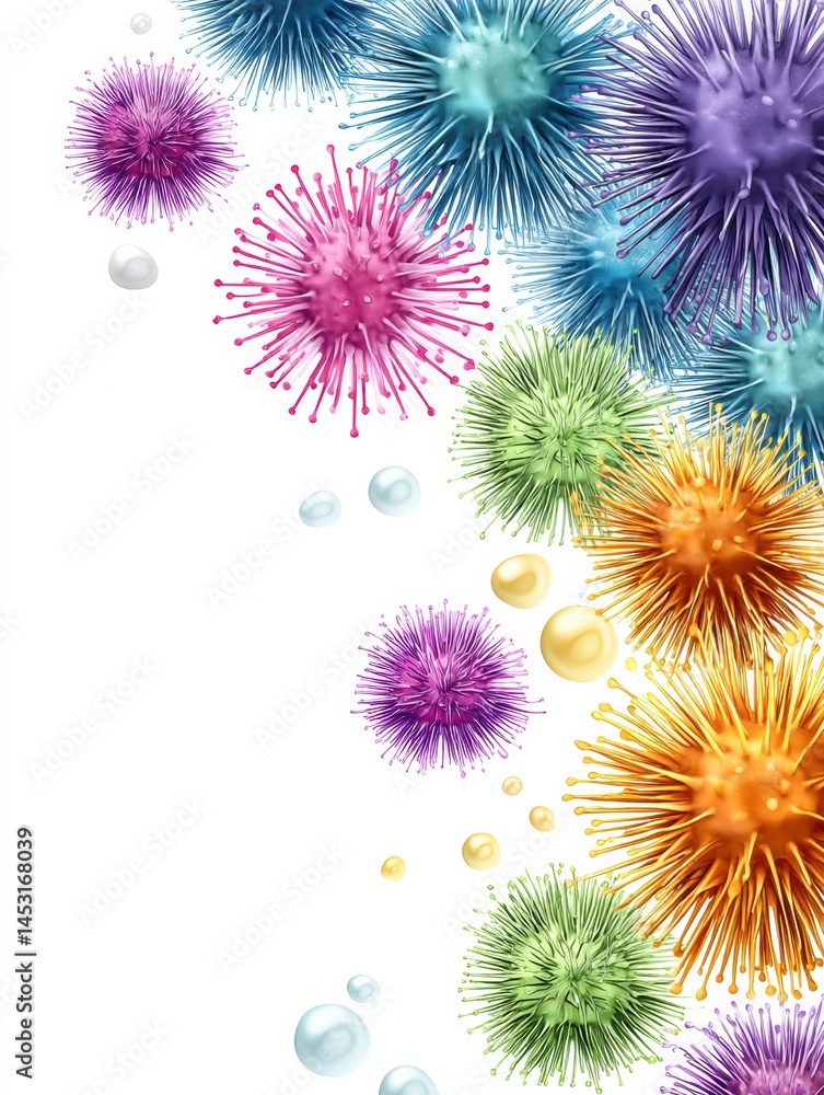 Poster colorful animations of resistant bacteria set against a clean clinical background showcasing microbi