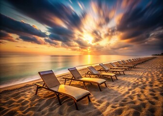 Empty Sunbeds on Sandy Beach at Sunset, Long Exposure Seascape Photography