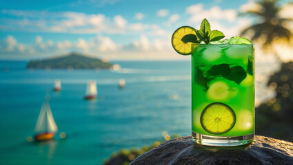 A delicious green cocktail with lime slices, mint and ice cubes, on a summer island.