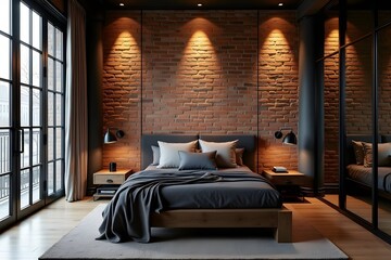 Obraz premium Modern and elegant bedroom interior design featuring brick wall and stylish decor elements