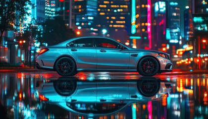 A generic sedan car parked on a wet street reflecting neon lights of city skyscrapers at night time.