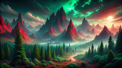Ethereal Dark Fantasy Landscape: Crimson and Emerald Gloom