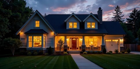 Dusk illuminates Craftsman home, warm lights glow within & without , exterior, night, warm