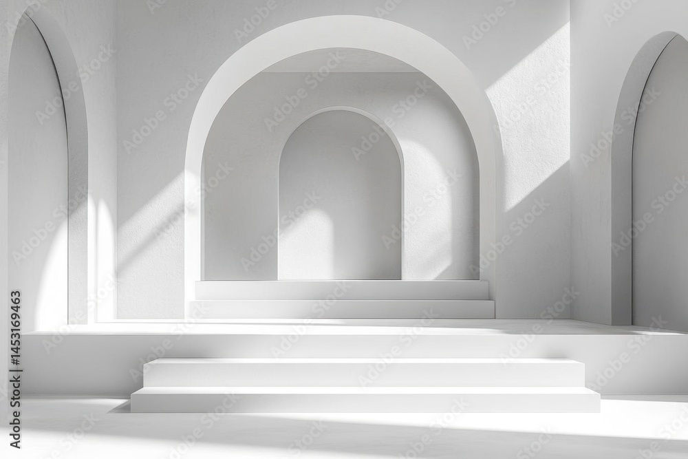 Poster white archway design and shadow play with minimalist step structure