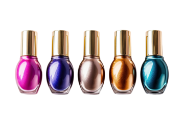 Set of Trendy Metallic Nail Polish Bottles on White Background

