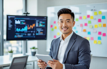 Obraz premium A smiling Asian man in a grey suit confidently poses in a modern office setting, holding a tablet and standing in front of a whiteboard covered with sticky notes and a large screen displaying data v