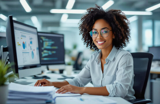 A smiling Black woman with curly hair and glasses sits at a modern desk in an office, typing on a computer and looking directly at the camera.
