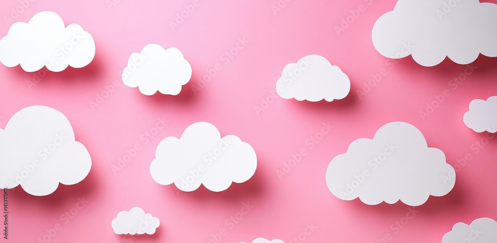 Poster clouds floating on pink background create dreamy atmosphere and whimsical mood