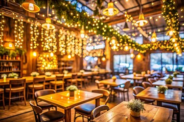 Fototapeta premium Festive Winter Restaurant Interior: Long Exposure Holiday Garland & Large Screen